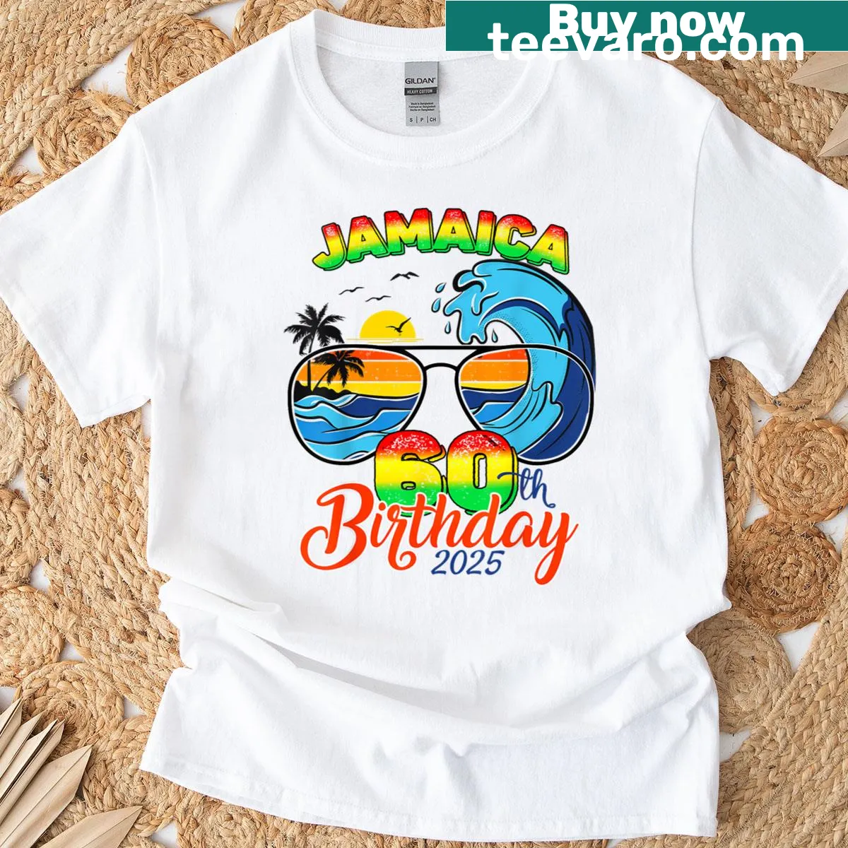 Fun T-shirt celebrating a 60th birthday with graphics for a girls trip to Jamaica. — on a men's t-shirt
