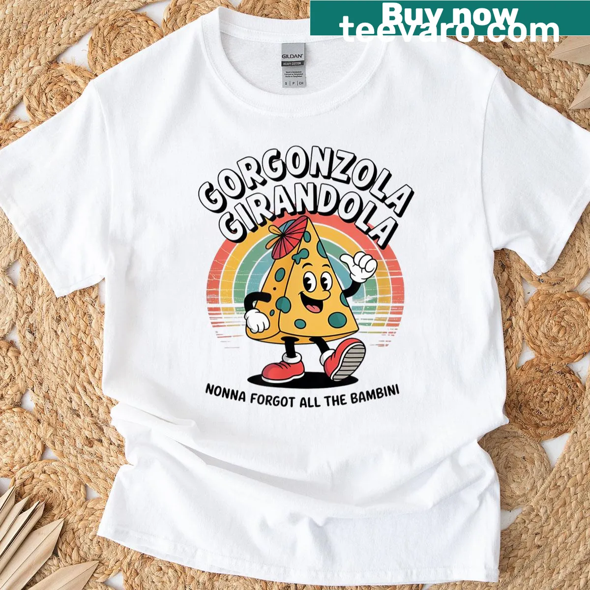 Retro cartoon T-shirt featuring Gorgonzola Girandola in a surreal meme style. — on a men's t-shirt