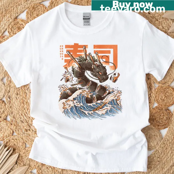 Cartoon of a sushi dragon playfully interacting with sushi on a T-shirt