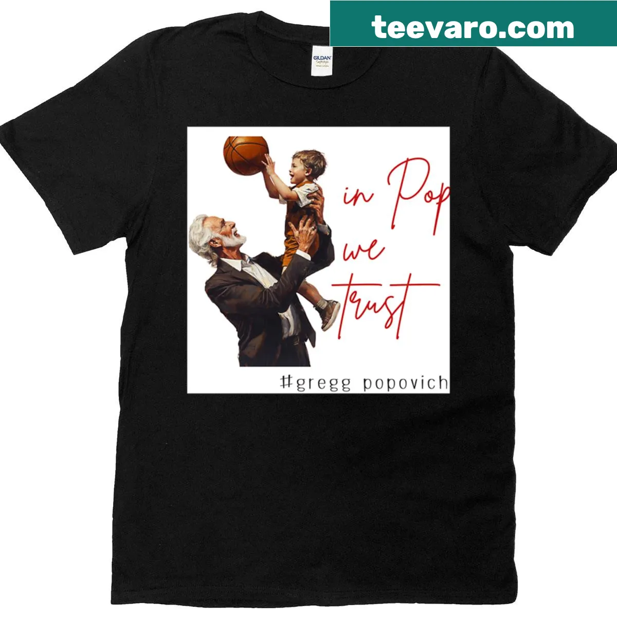T-shirt with 'In Pop We Trust' text honoring Gregg Popovich — on a men's t-shirt