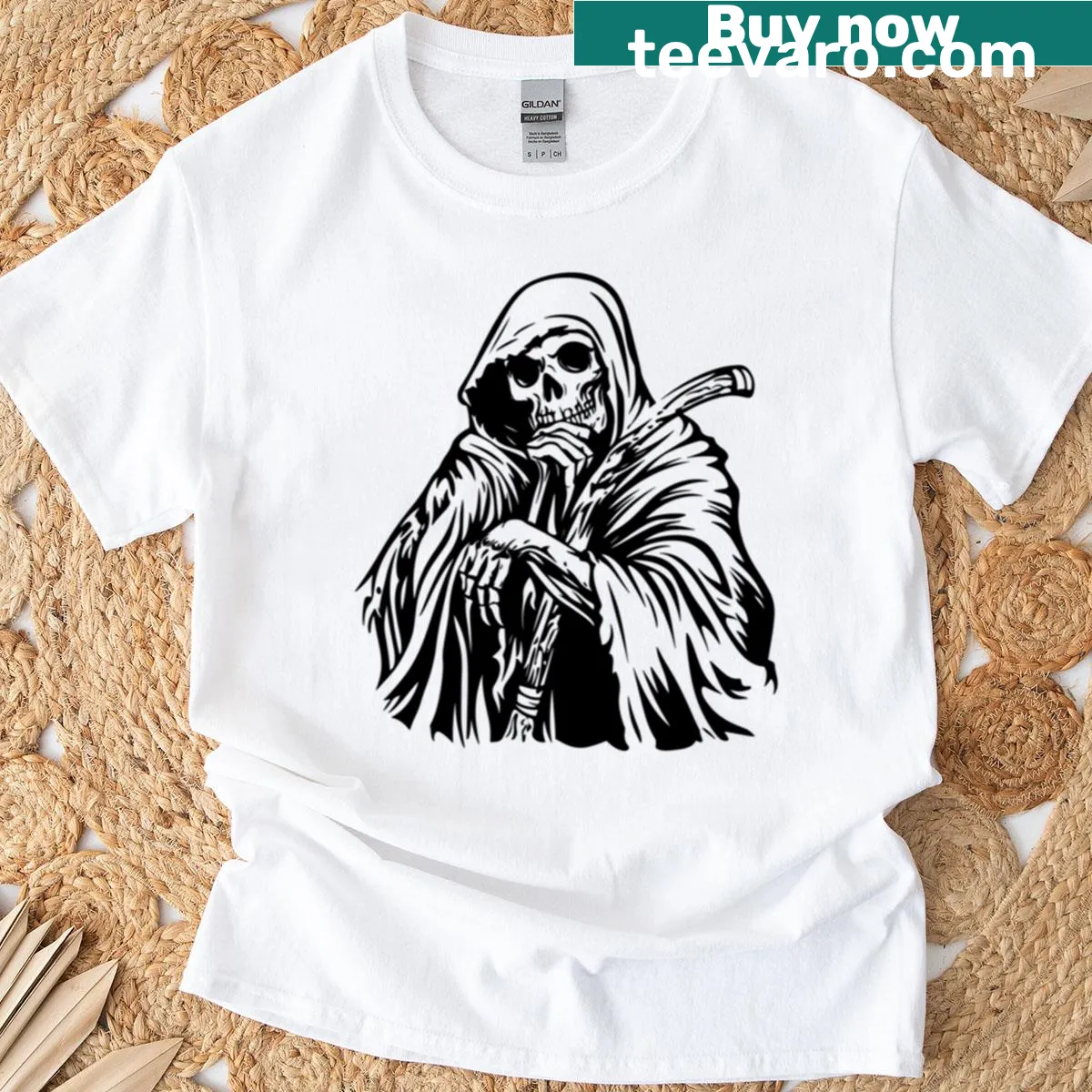 Dark aesthetic Grim Reaper silhouette t-shirt with scythe illustration — on a men's t-shirt