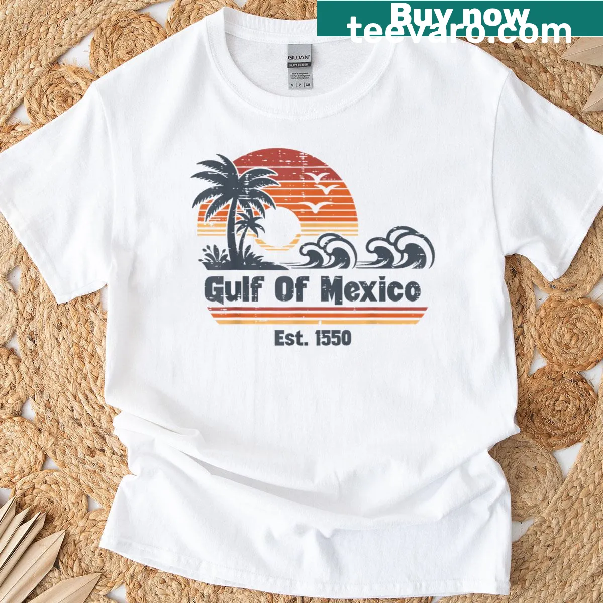 Retro beach-themed t-shirt with Gulf Mexico design — on a men's t-shirt