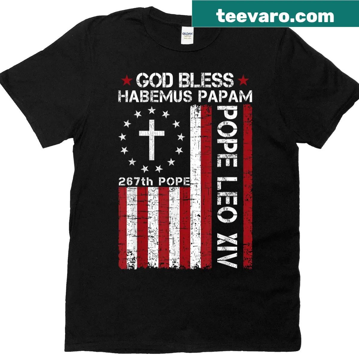 T-shirt honoring Pope Leo XIV with 'Habemus Papam' and American flag. — on a men's t-shirt