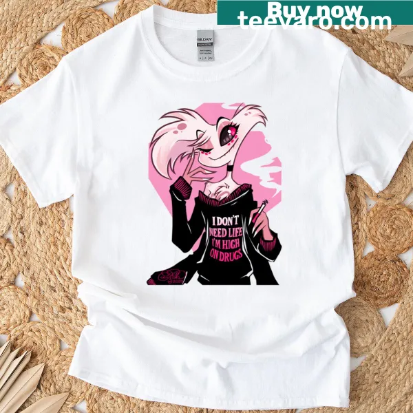 T-shirt featuring Angel Dust character from Hazbin Hotel in a playful design.