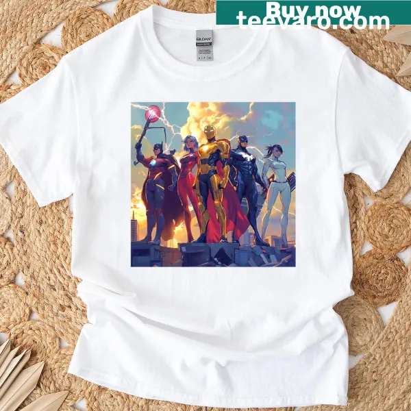 Graphic T-shirt depicting heroes in action from Heroes Of The Last Stand
