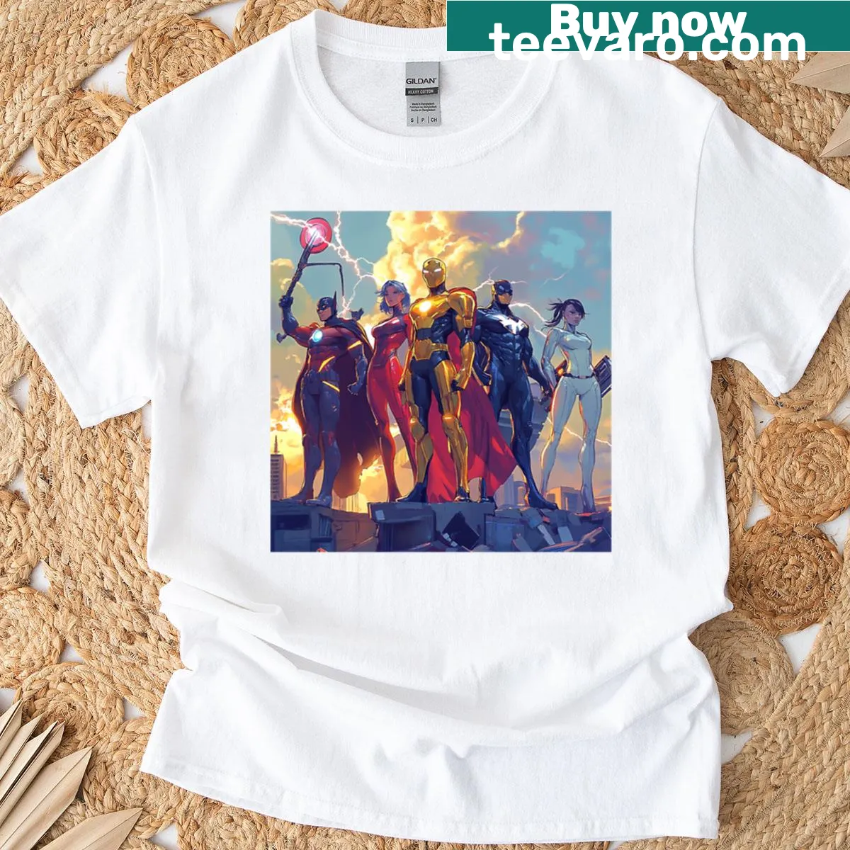Graphic T-shirt depicting heroes in action from Heroes Of The Last Stand — on a men's t-shirt