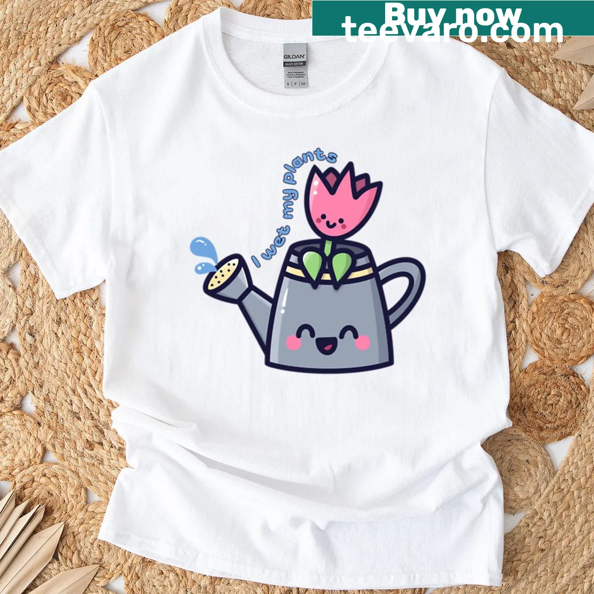 Cute watering can graphic with the phrase 'I Wet My Plants' — on a men's t-shirt
