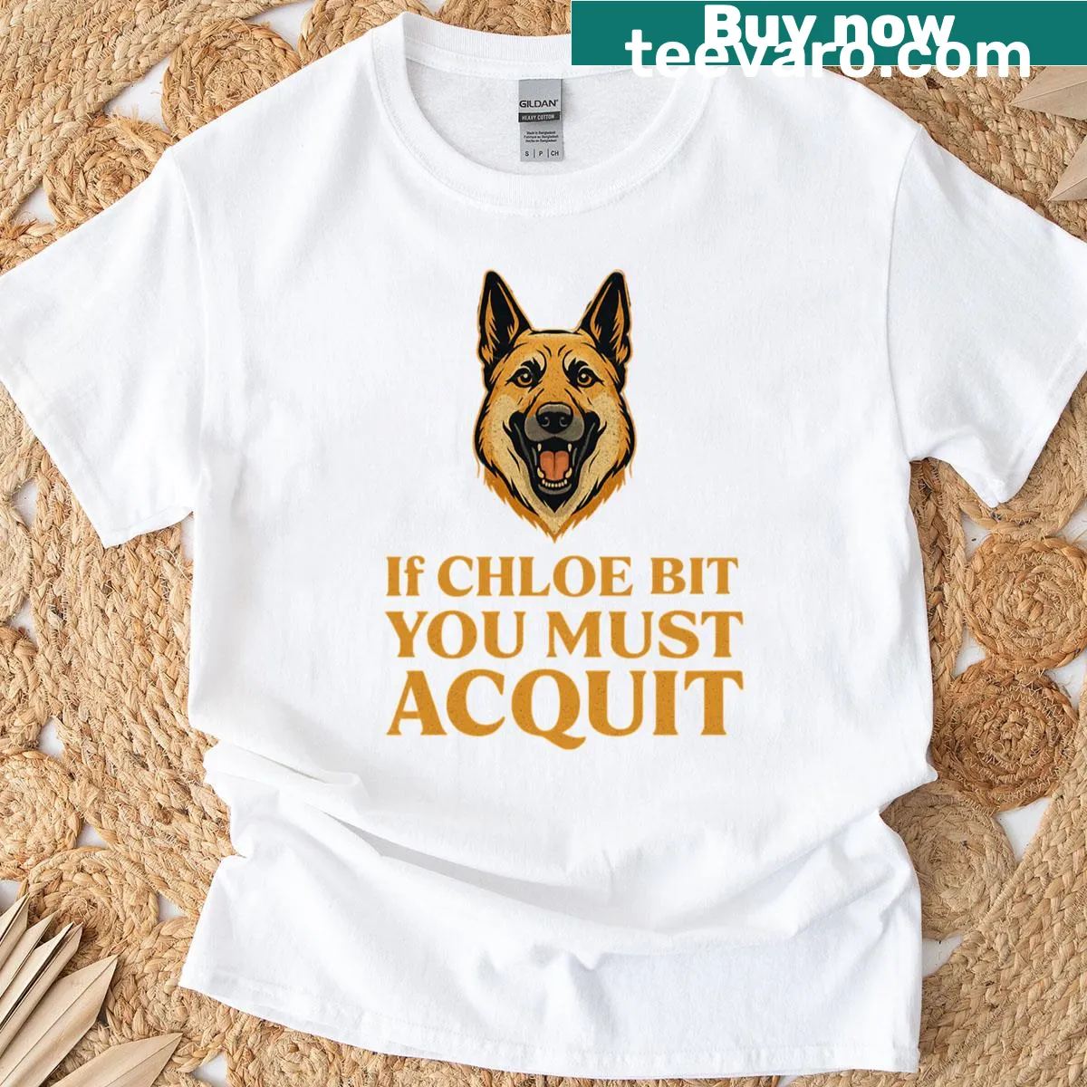 T-shirt featuring the law pun If Chloe But You Must Acquit — on a men's t-shirt