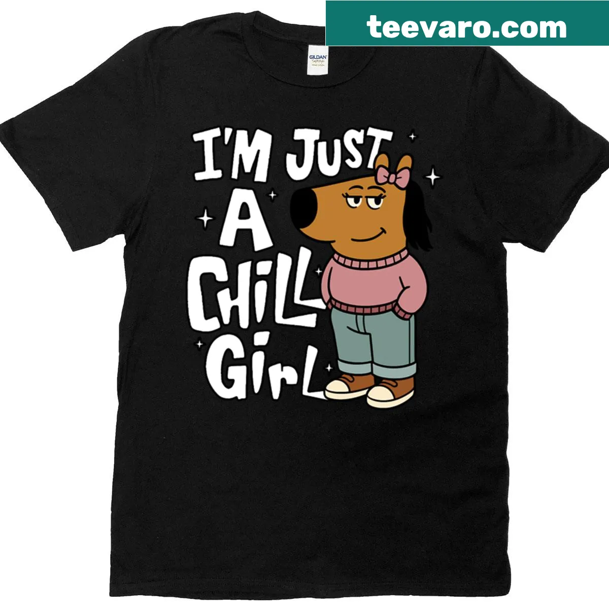 Cartoon-style t-shirt with the phrase 'I'm Just A Chill Girl' for relaxed vibes — on a men's t-shirt