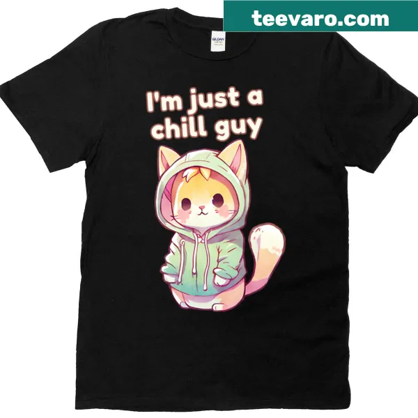 Oversized t-shirt with an illustration of a chill orange cat and the phrase 'I'm Just A Chill Guy'