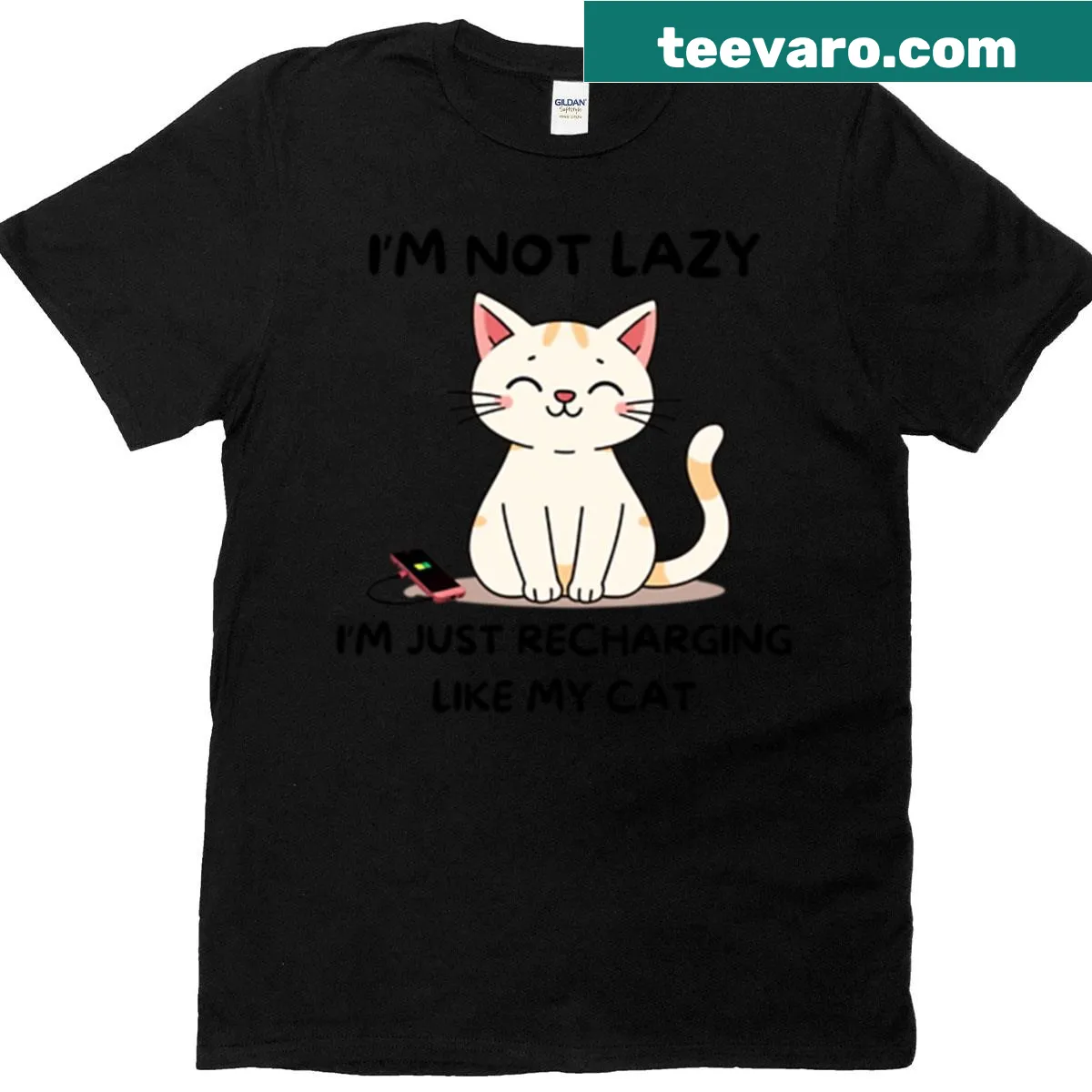 Funny recharging cat-themed t-shirt with humorous text design — on a men's t-shirt