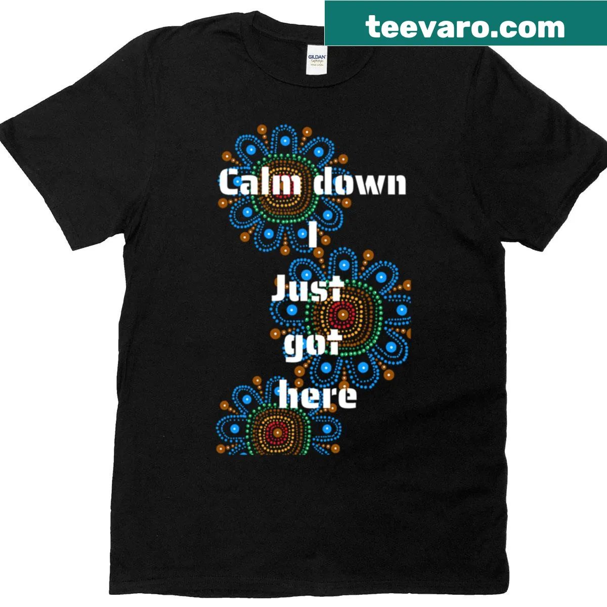 T-shirt with indigenous flower dot painting and text — on a men's t-shirt
