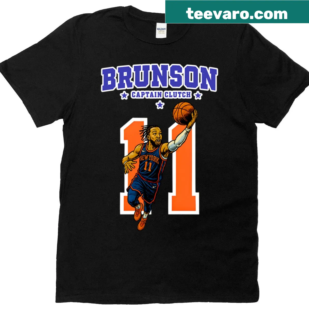 Graphic T-shirt celebrating Jalen Brunson as Captain Clutch — on a men's t-shirt