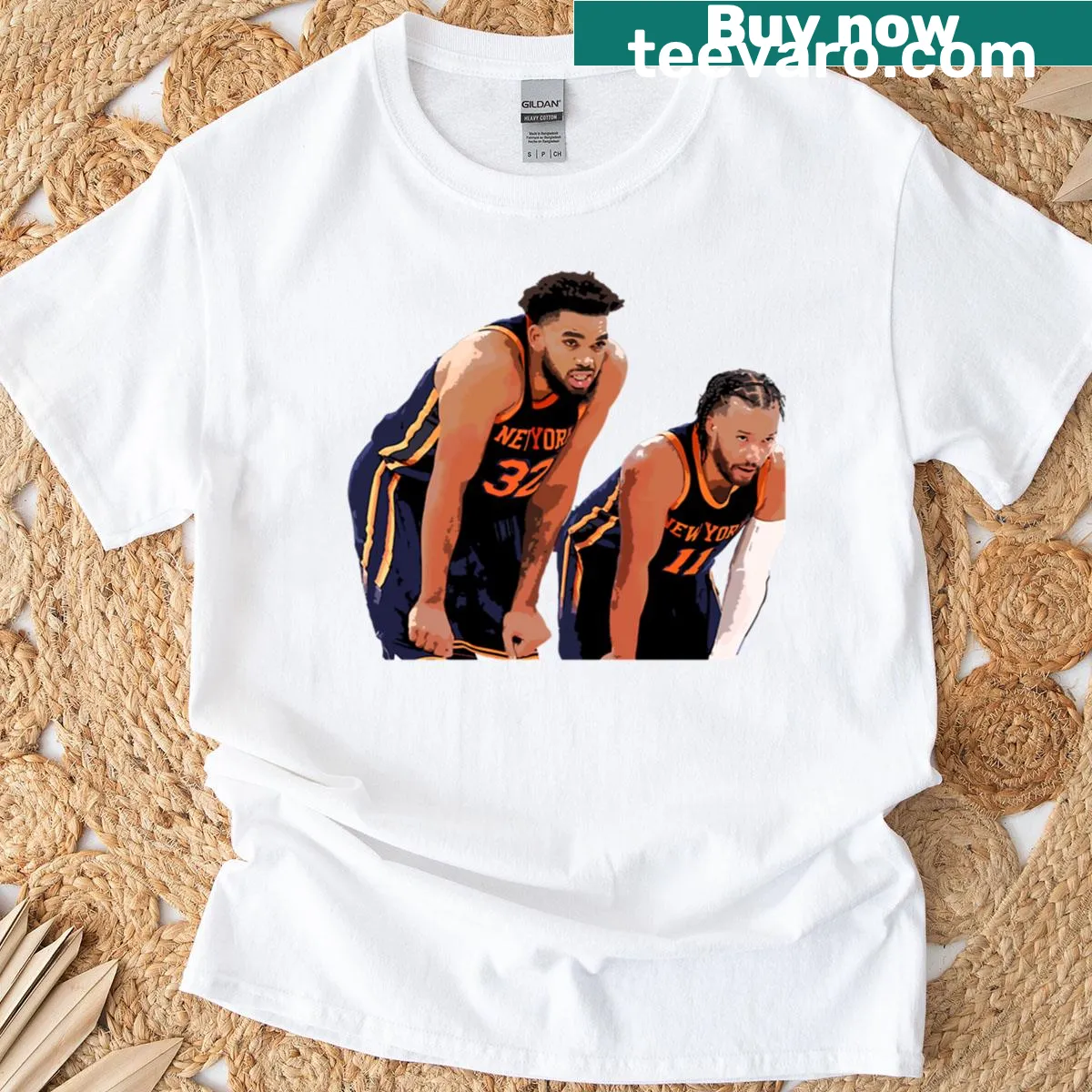 T-shirt featuring an illustration of basketball players Jalen Brunson and Karl Anthony-Towns — on a men's t-shirt