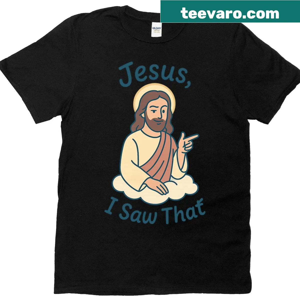 Oversized t-shirt with humorous message referencing Jesus — on a men's t-shirt