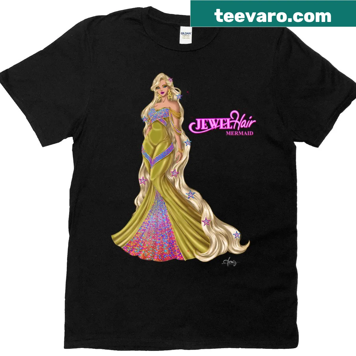 Minimalist t-shirt with 'Jewell Gold' text in simple typography — on a men's t-shirt