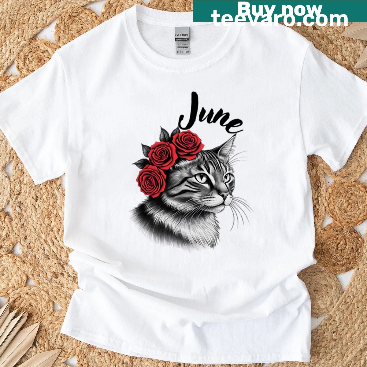 T-shirt featuring a rose and a cat design, perfect for June births. — on a men's t-shirt
