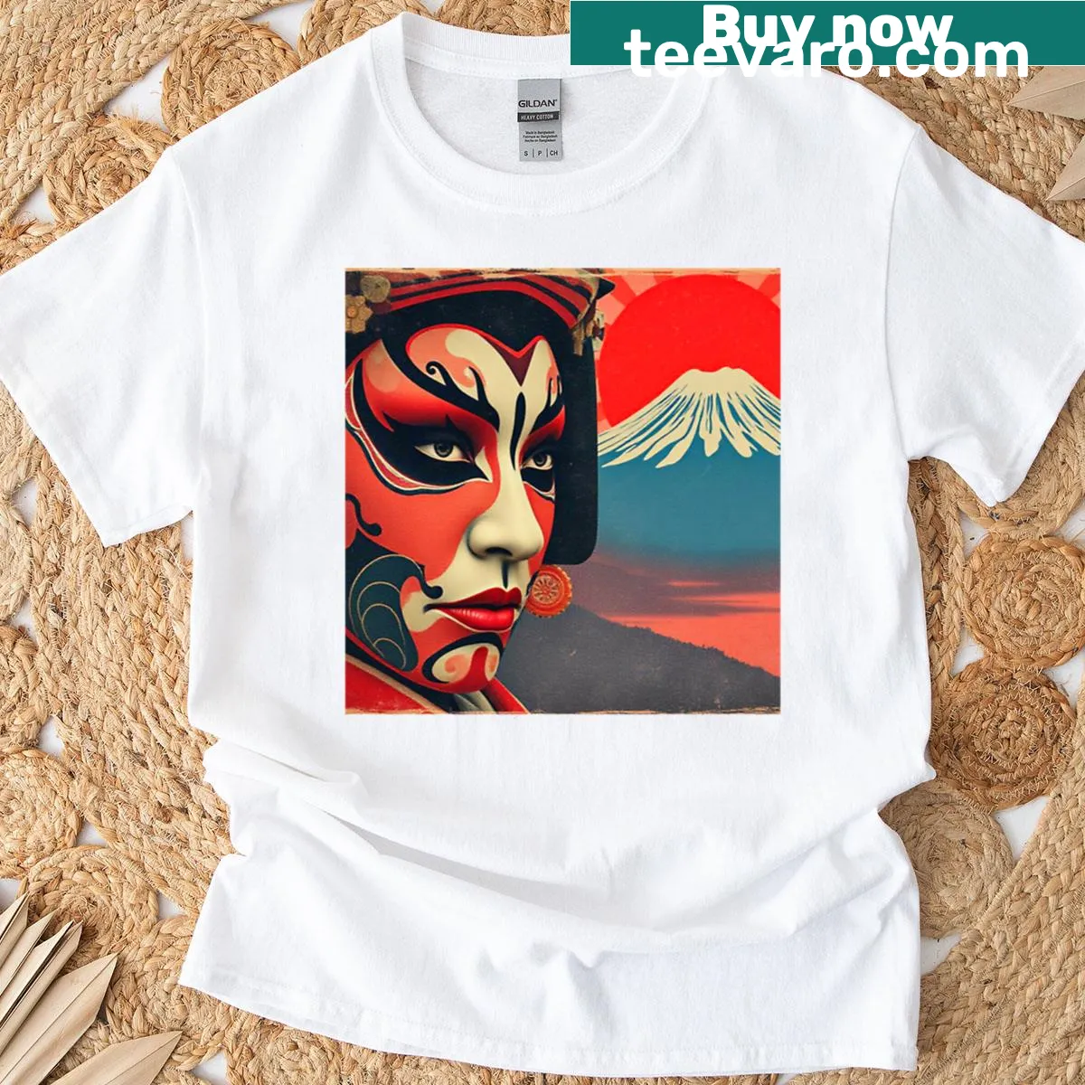 Minimalist T-shirt featuring abstract Kabuki-inspired graphic — on a men's t-shirt