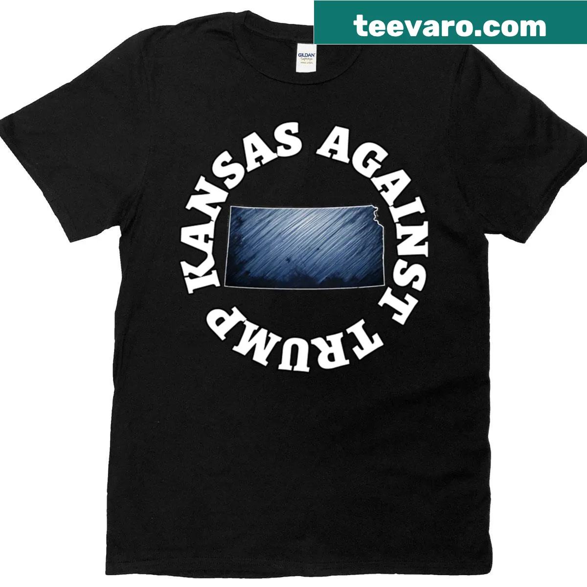 Kansas Against Trump t-shirt with bold typography — on a men's t-shirt