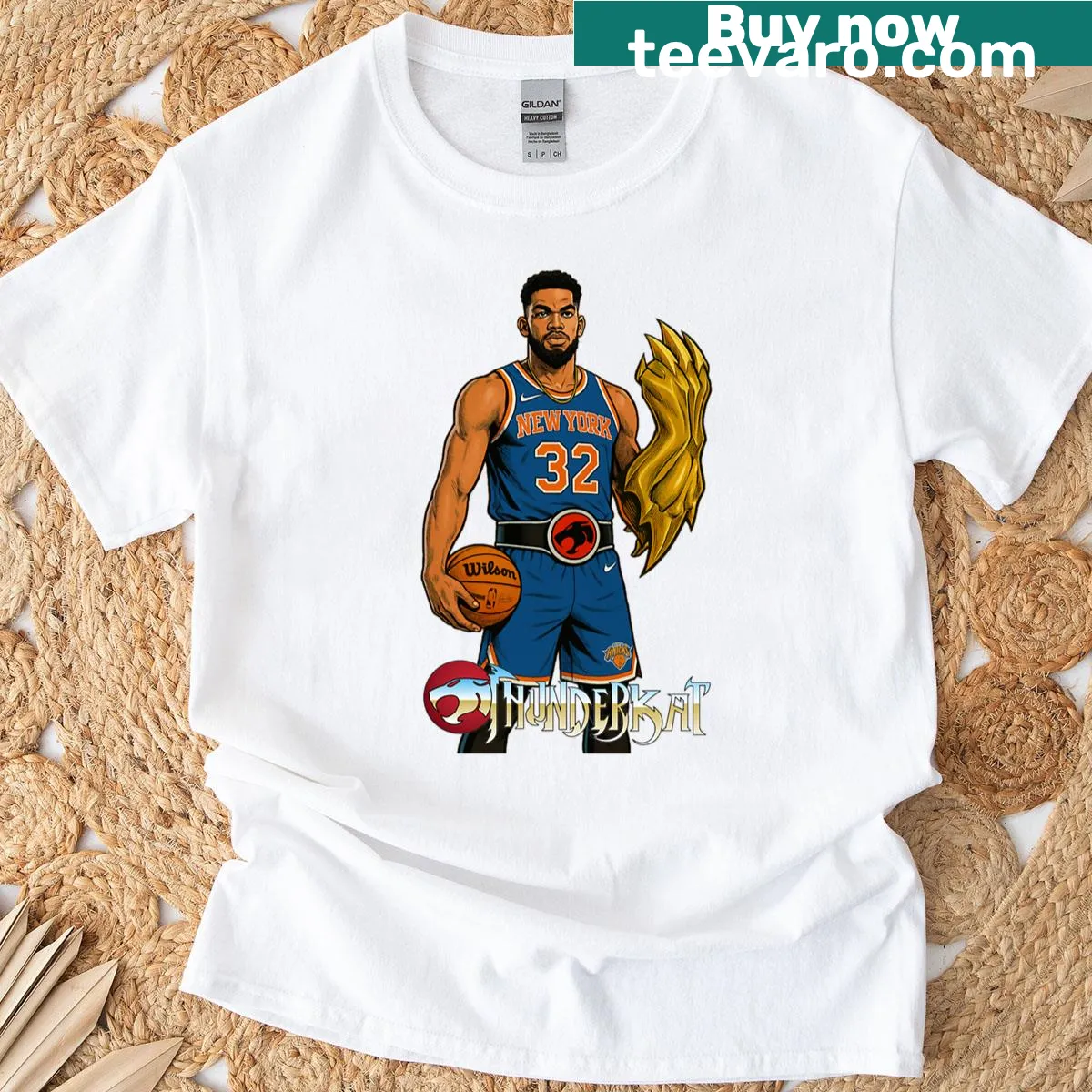 Illustration of a cat representing the Knicks on a T-shirt — on a men's t-shirt