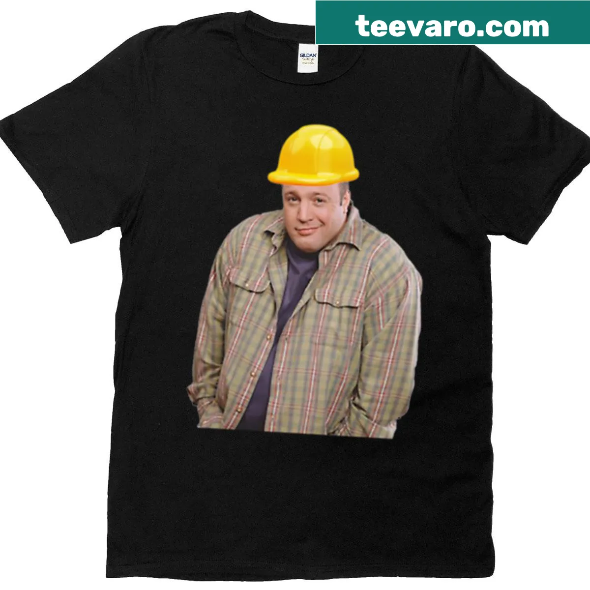 Oversized T-shirt with Kevin James hard hat meme graphic. — on a men's t-shirt