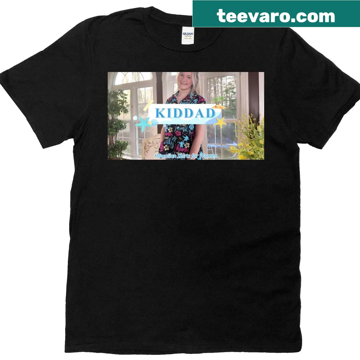 Tropical graphic Hawaiian T-shirt with 'Ohana Means Family' text — on a men's t-shirt