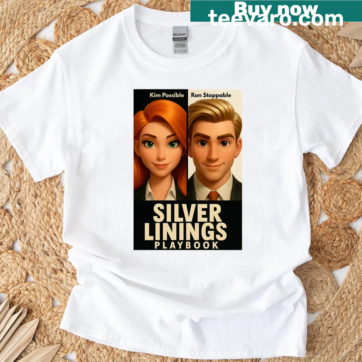 Illustrated Kim Possible and Ron Stoppable graphic T-shirt — on a men's t-shirt