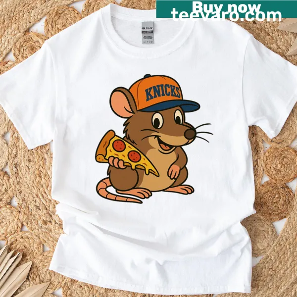 T-shirt featuring a whimsical 'Knicks Pizza Rat' graphic design