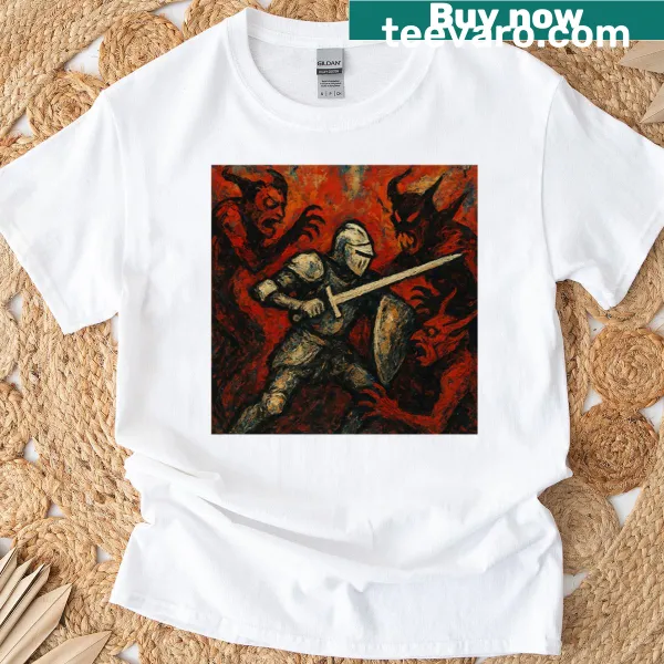 Illustrated knight battling against an abyss on oversized T-shirt