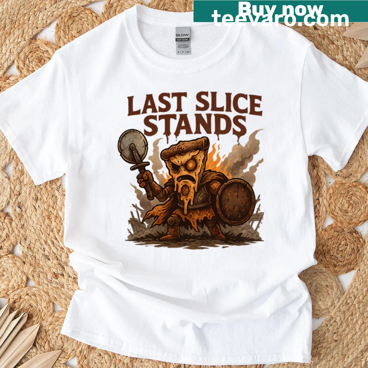 Last Slice Stands T-shirt featuring a humorous pizza illustration. — on a men's t-shirt