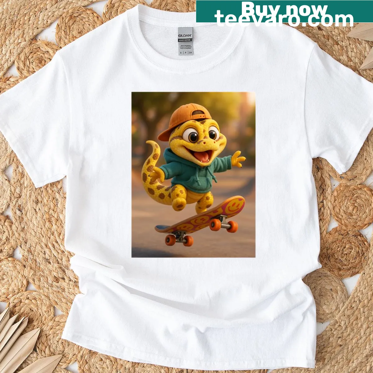 Playful graphic of a skater ball python — on a men's t-shirt