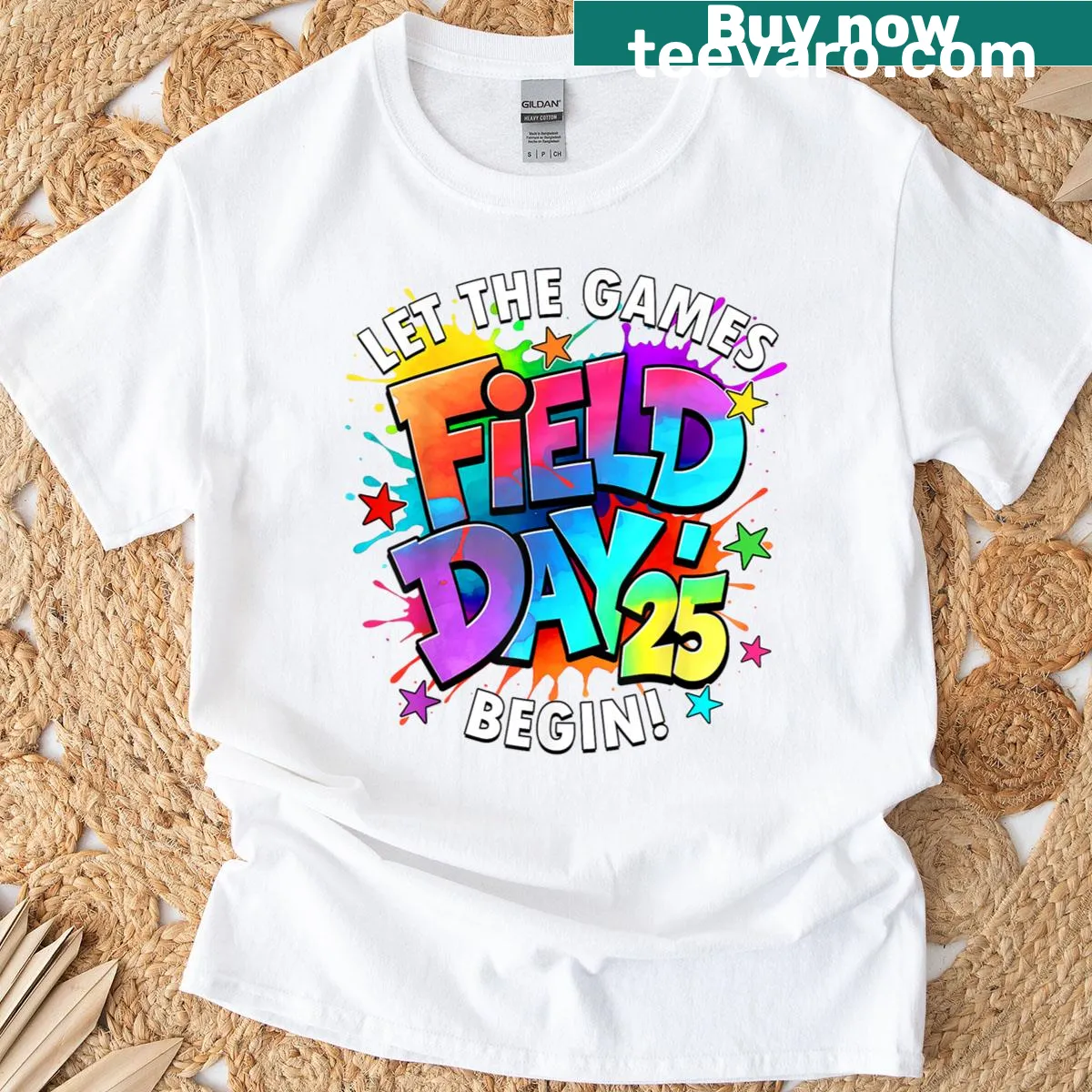 Field Day themed t-shirt with playful 'Let The Games Begin' text — on a men's t-shirt