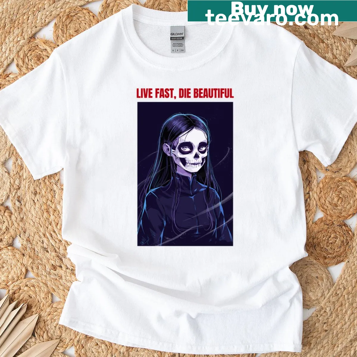 Bold Live Fast Die Beautiful graphic on a t-shirt — on a men's t-shirt
