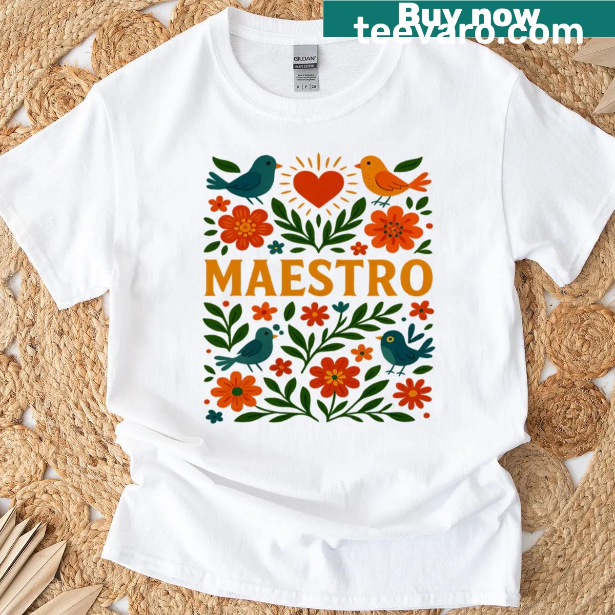 Folk art t-shirt design for teachers with 'Maestro' text — on a men's t-shirt