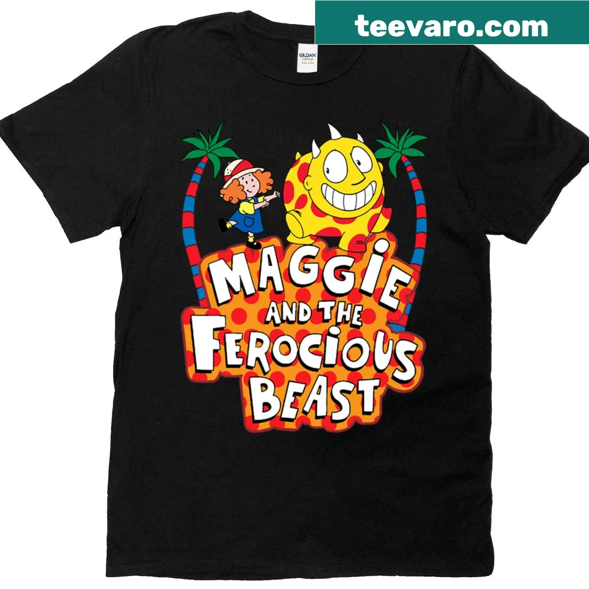 Fitted t-shirt featuring Maggie and the Ferocious Beast illustration — on a men's t-shirt