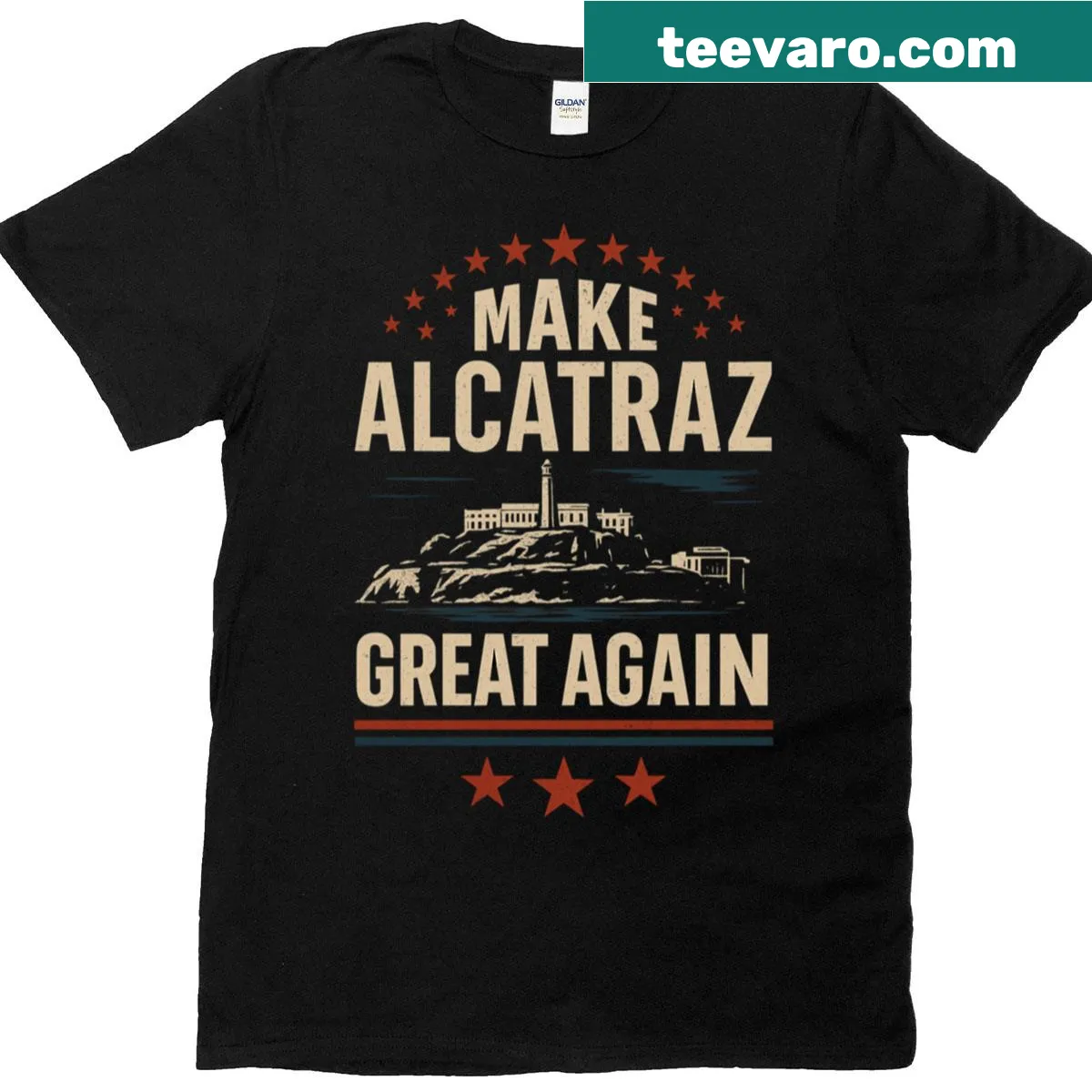 Retro parody t-shirt with Make Alcatraz Great Again design — on a men's t-shirt