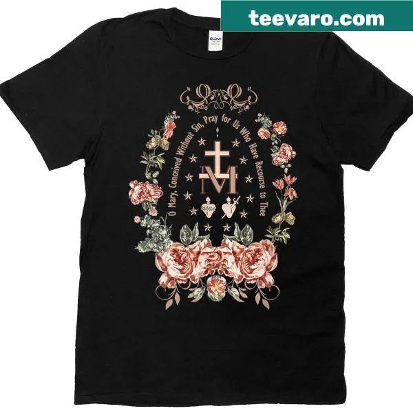 Illustrative t-shirt featuring Virgin Mary and floral cross design