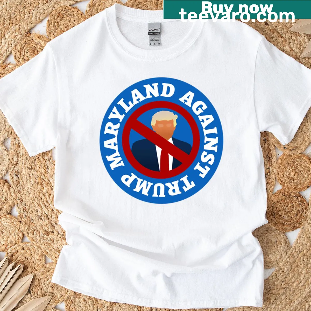 Oversized t-shirt with 'Maryland Against Trump' text design — on a men's t-shirt