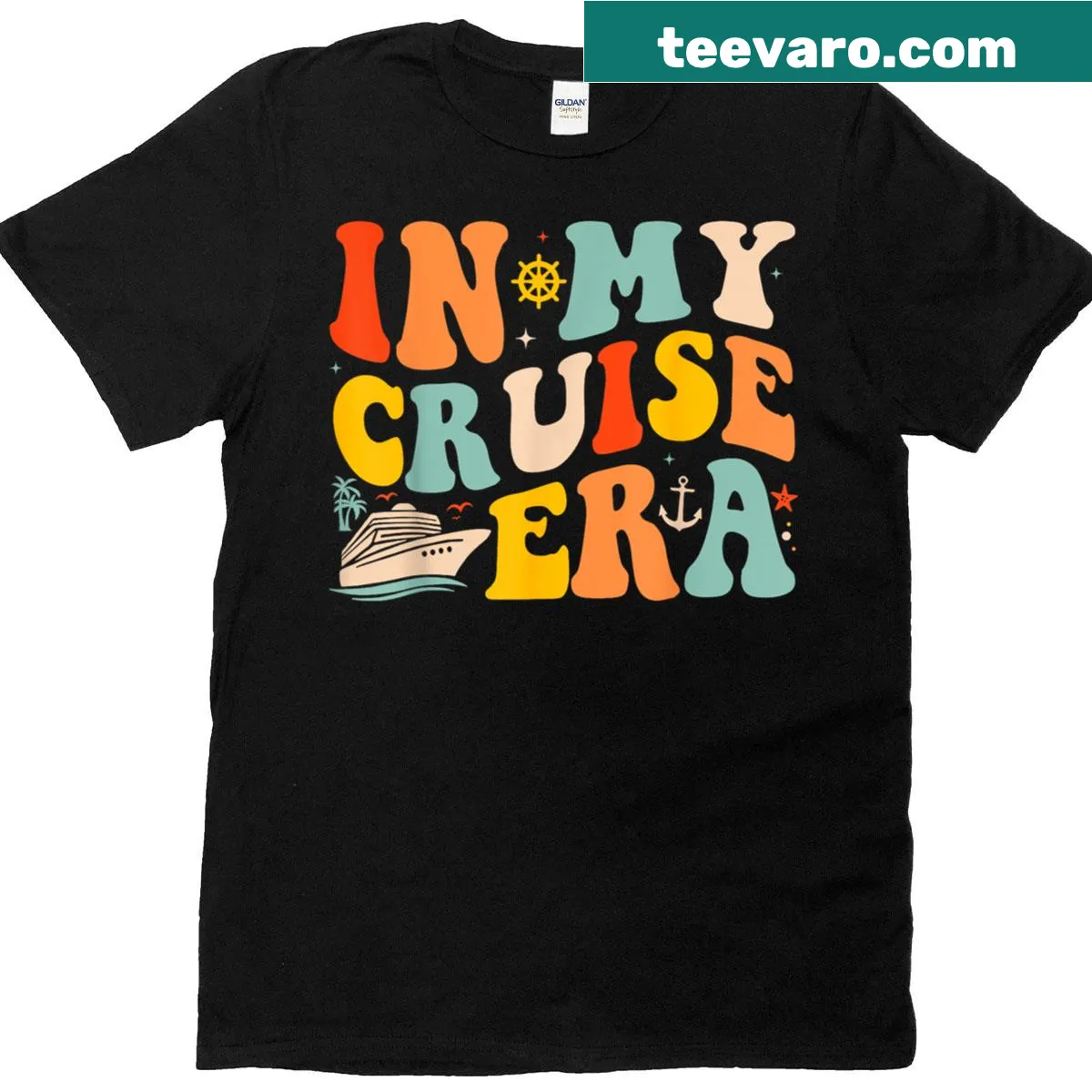 Family vacation matching T-shirt with 'Groovy In My Cruise Era' text — on a men's t-shirt