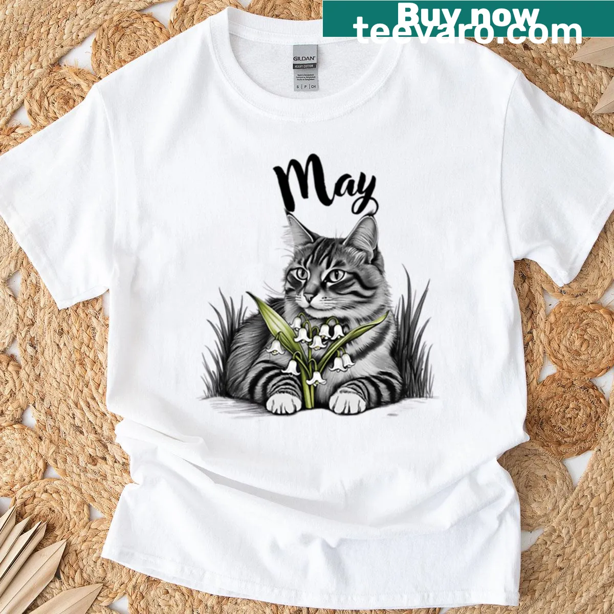 Lily of the valley and cat illustration t-shirt for nature lovers — on a men's t-shirt