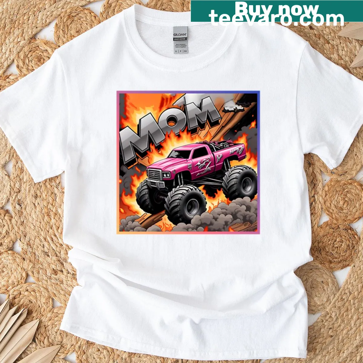 Fun monster truck graphic with humorous motherhood slogans — on a men's t-shirt