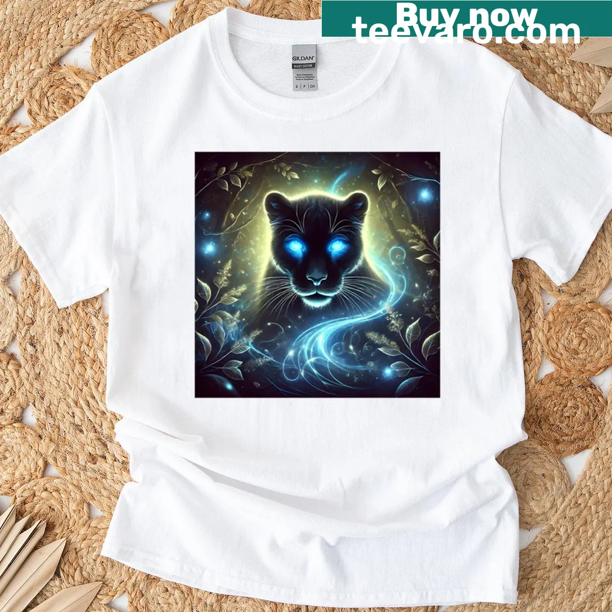 Majestic panther illustration with mystical forest elements — on a men's t-shirt