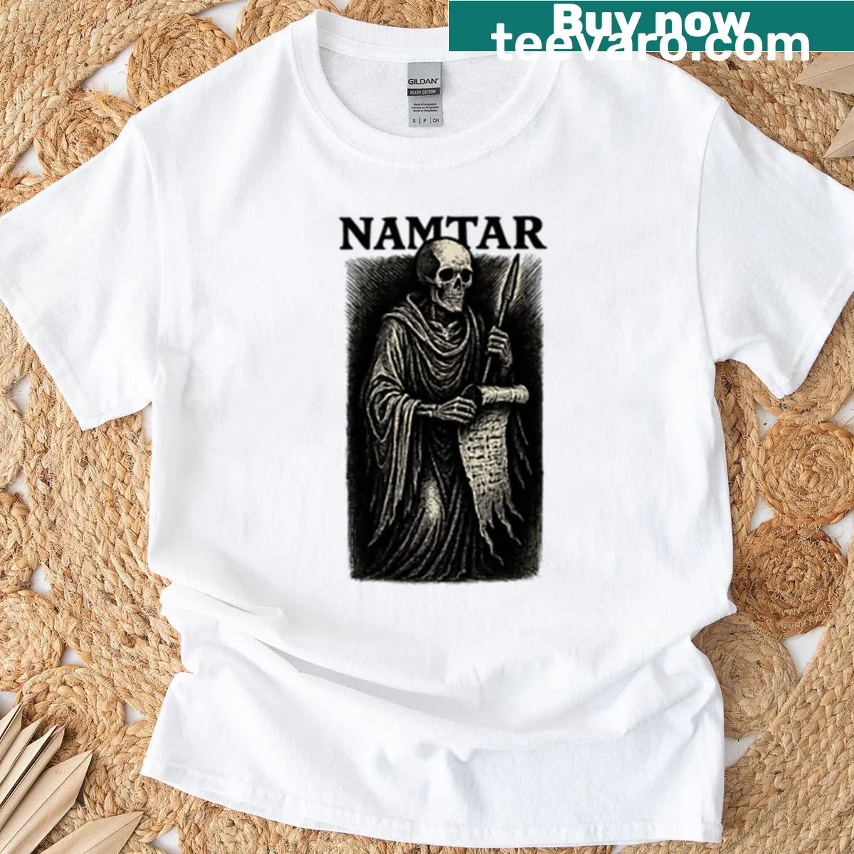 Bold graphic of Namtar, the Sumerian god of disease and fate — on a men's t-shirt