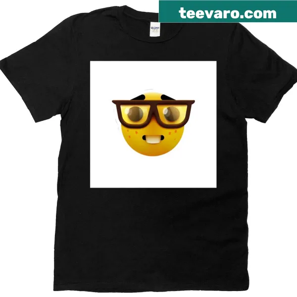 T-shirt featuring a nerd emoji with big glasses in a playful design