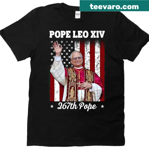 Illustration of Pope Leo XIV with American flag on a t-shirt