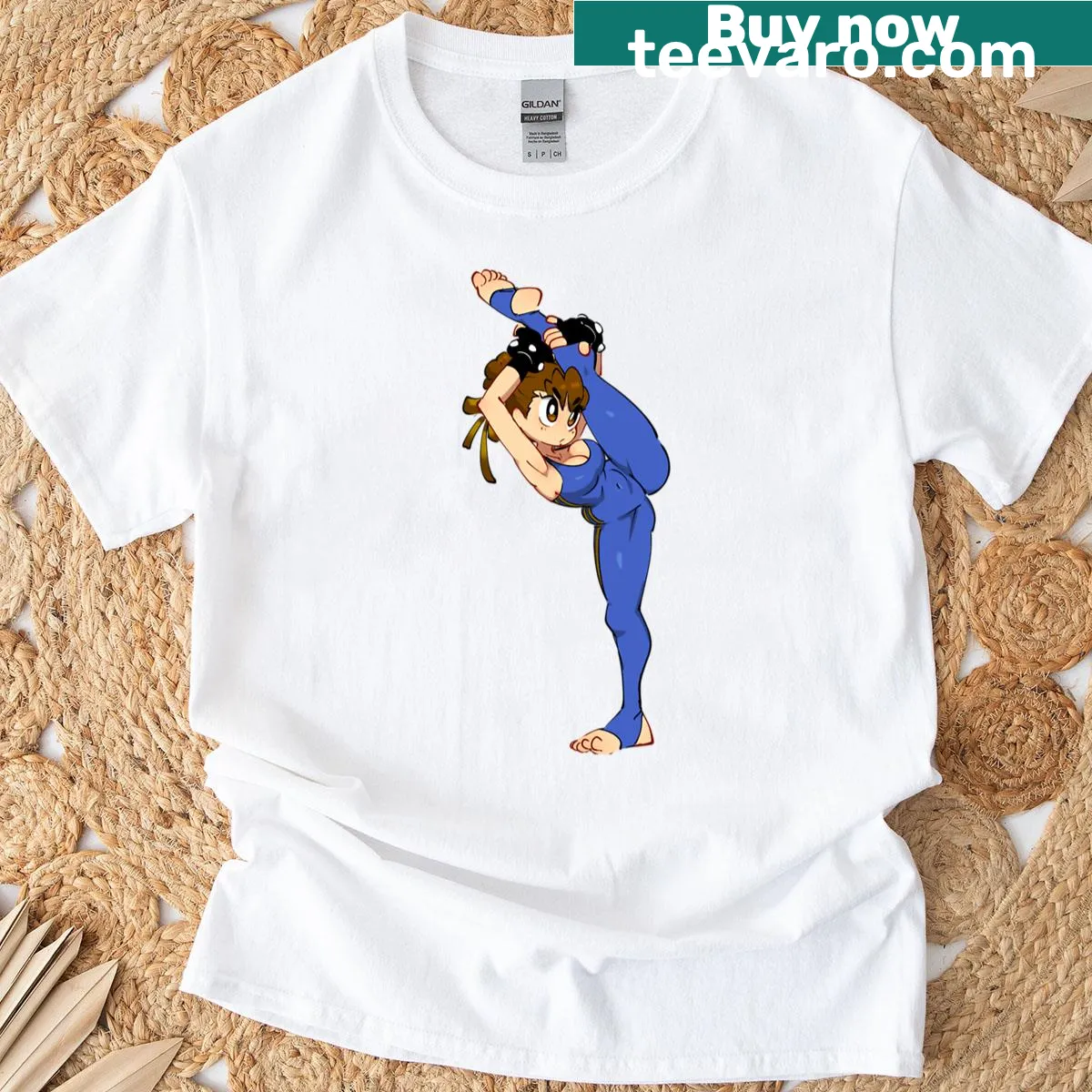 Illustrated oversized Chun-li t-shirt with a dynamic character pose — on a men's t-shirt