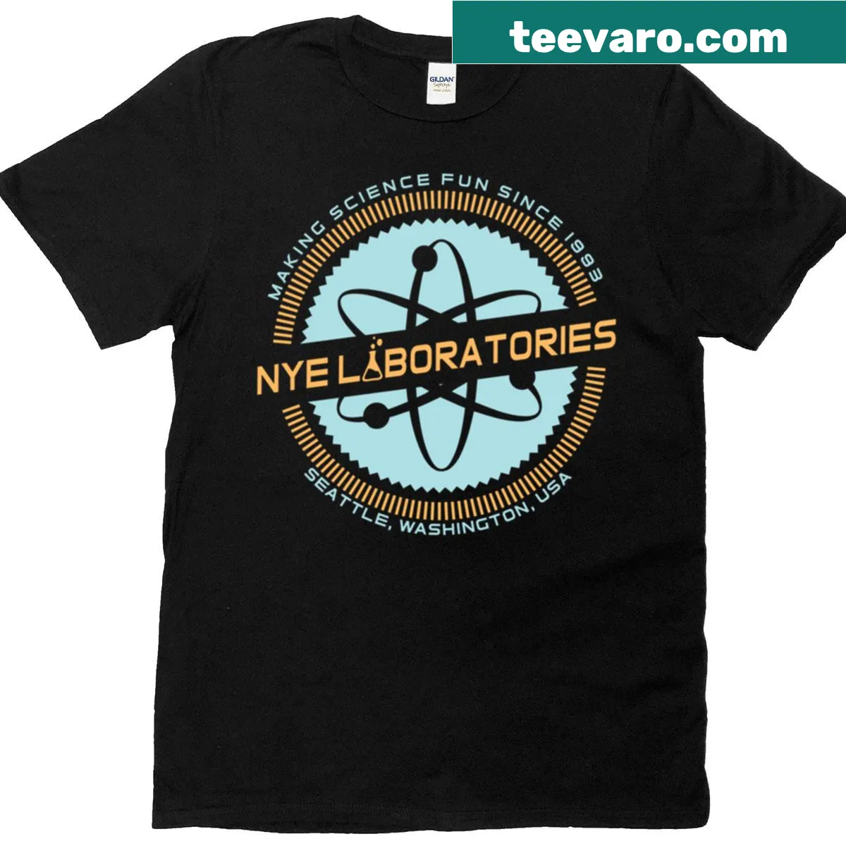 Minimalist badge design T-shirt for Nye Labs — on a men's t-shirt