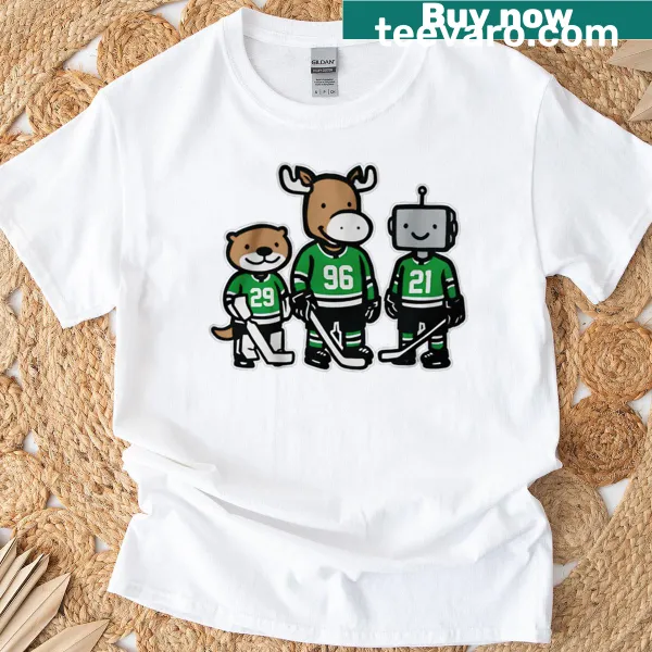 Cartoon design of an otter, a moose, and a robot on a T-shirt