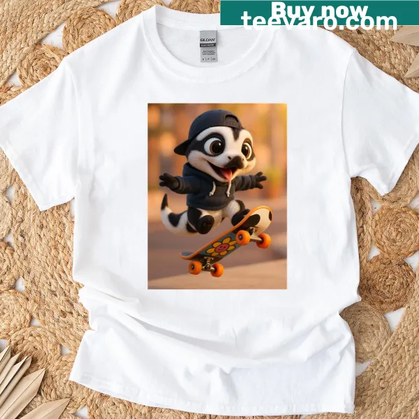 T-shirt featuring playful panda and pied ball python skating illustration