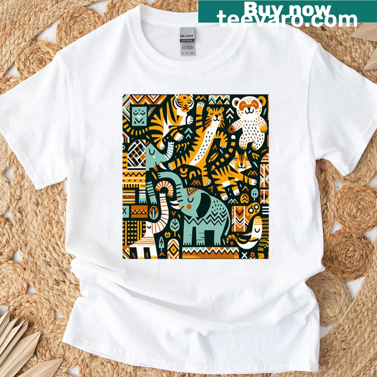 Oversized Party In The Jungle T-shirt featuring a fun jungle illustration — on a men's t-shirt